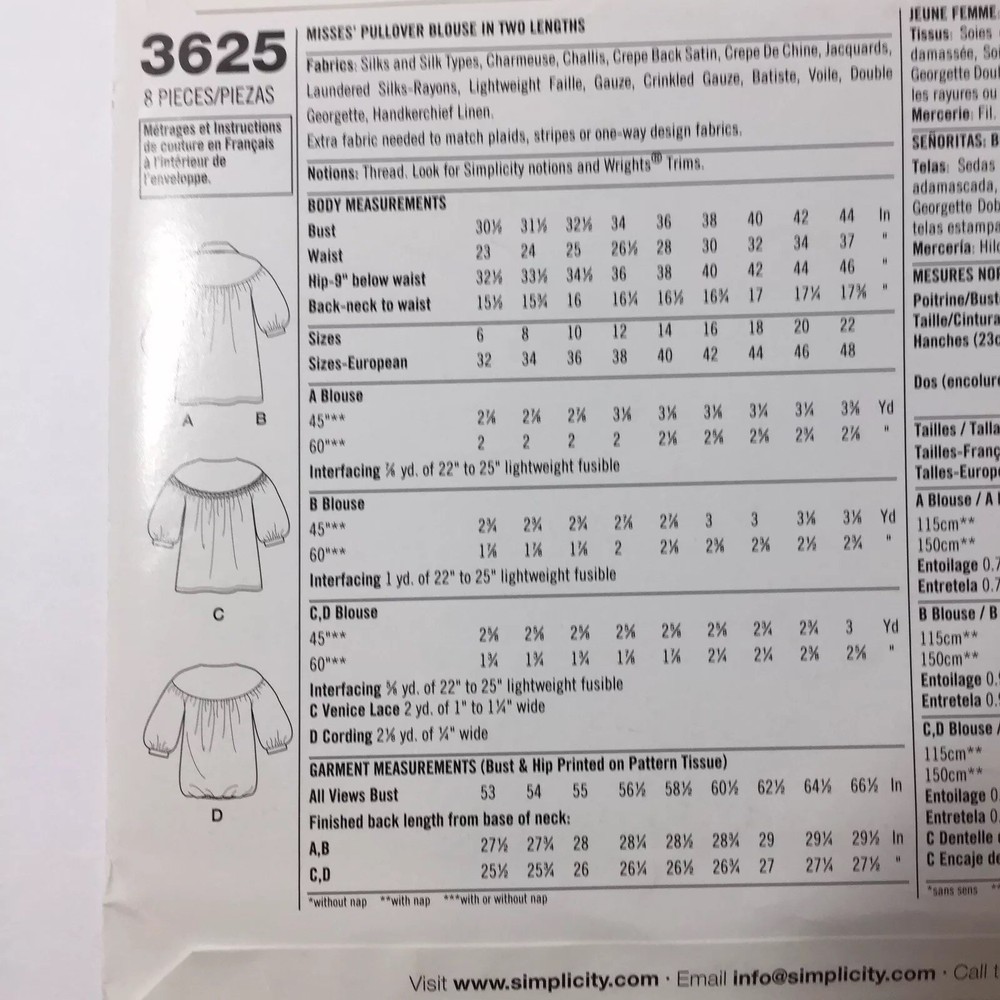 Simplicity 3625 Size 6-14 Misses Pullover Blouse in Two Lengths