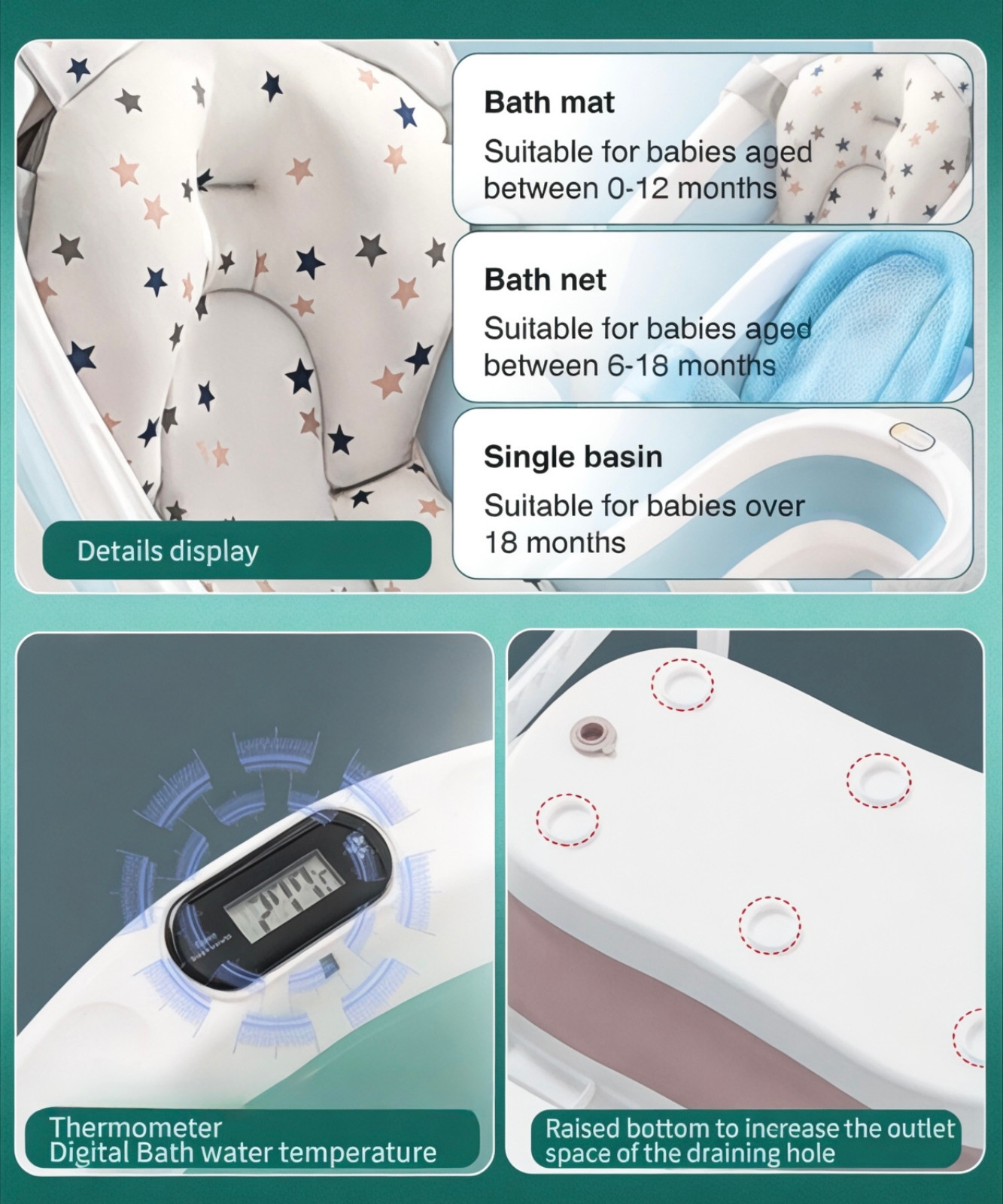 Collapsible Baby Bathtub with Real-Time Thermometer, Foldable Infant to Toddler