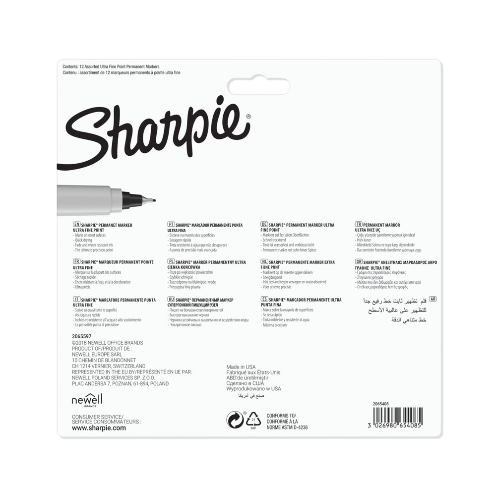 Sharpie Permanent Markers, Ultra Fine Point, Assorted Colors, 12 Count