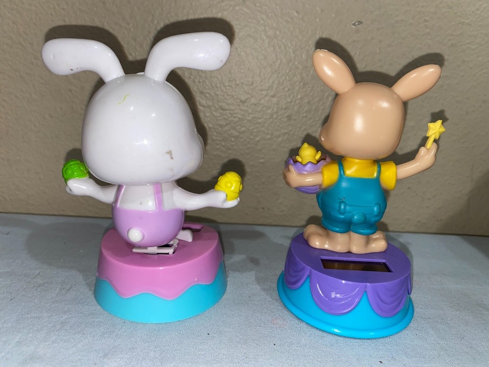 Lot Pair Solar Powered Dancing Easter Bunny Chick in Egg Holding eggs (ToteBBB)