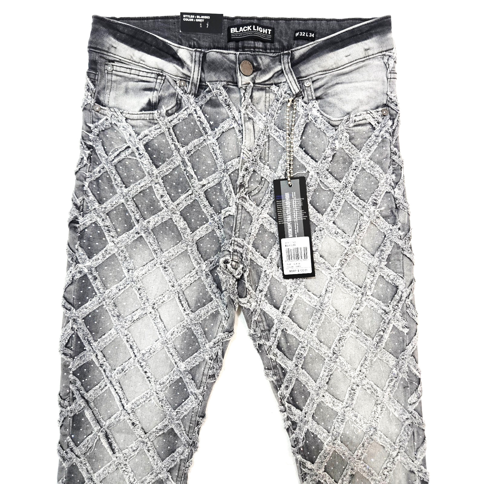 Black Light Men Jeans Stretch Slim Straight Flare Fit Grey Denim with Rhinestone