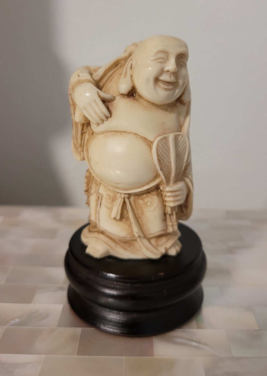 Vintage Japanese Carved Happy Buddha Figurine on Wood Stand 3-3/4" tall