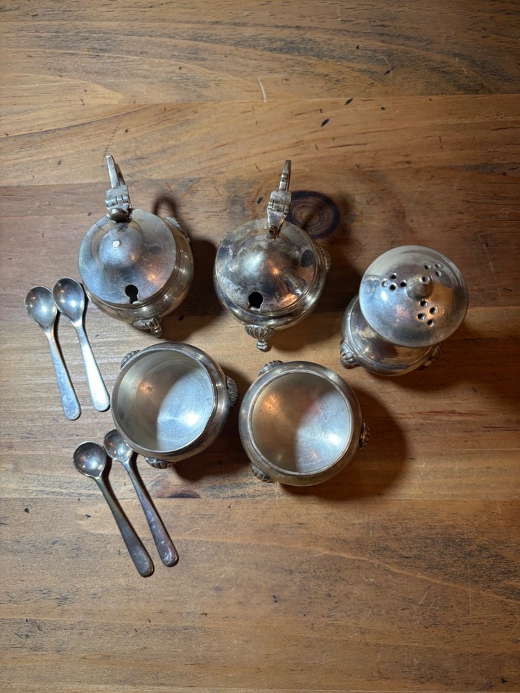 Vintage EPNS Set of Silver Plated Serving Tea- Sugar Pots, Spoons, Salt- India