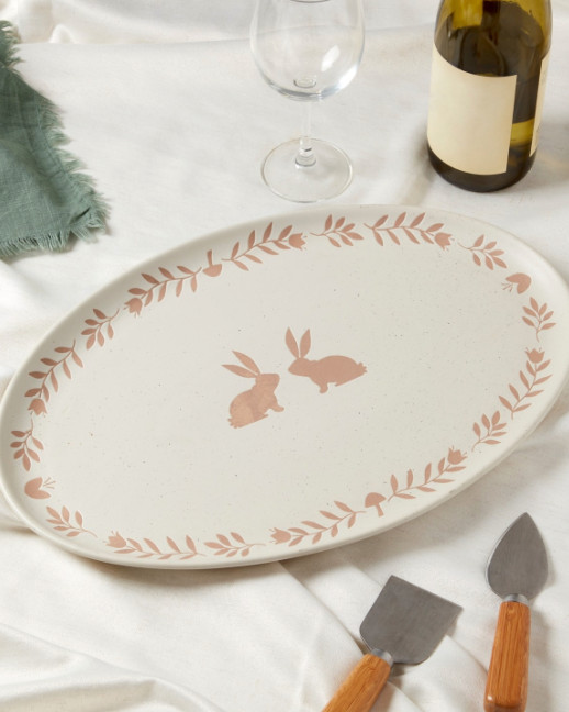 Haven Ivory Easter Bunny Ceramic Oval Serving Platter 16 Inch