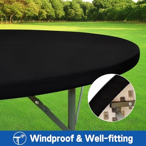 Round Elastic Fitted Tablecloth, Windproof Polyester Table 60" (Round) Black