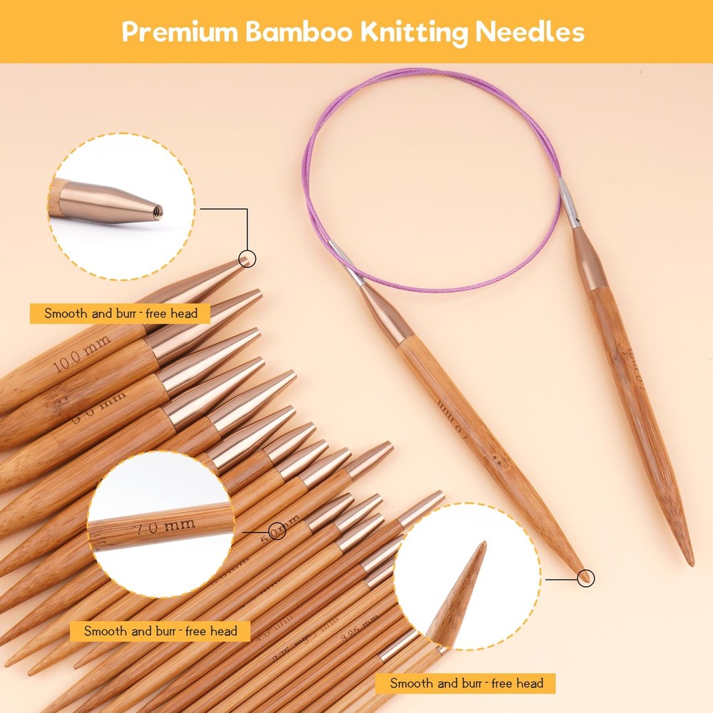 Knitting Needles Set with Bamboo Circular Knitting Needle 13 Pair Interchange...