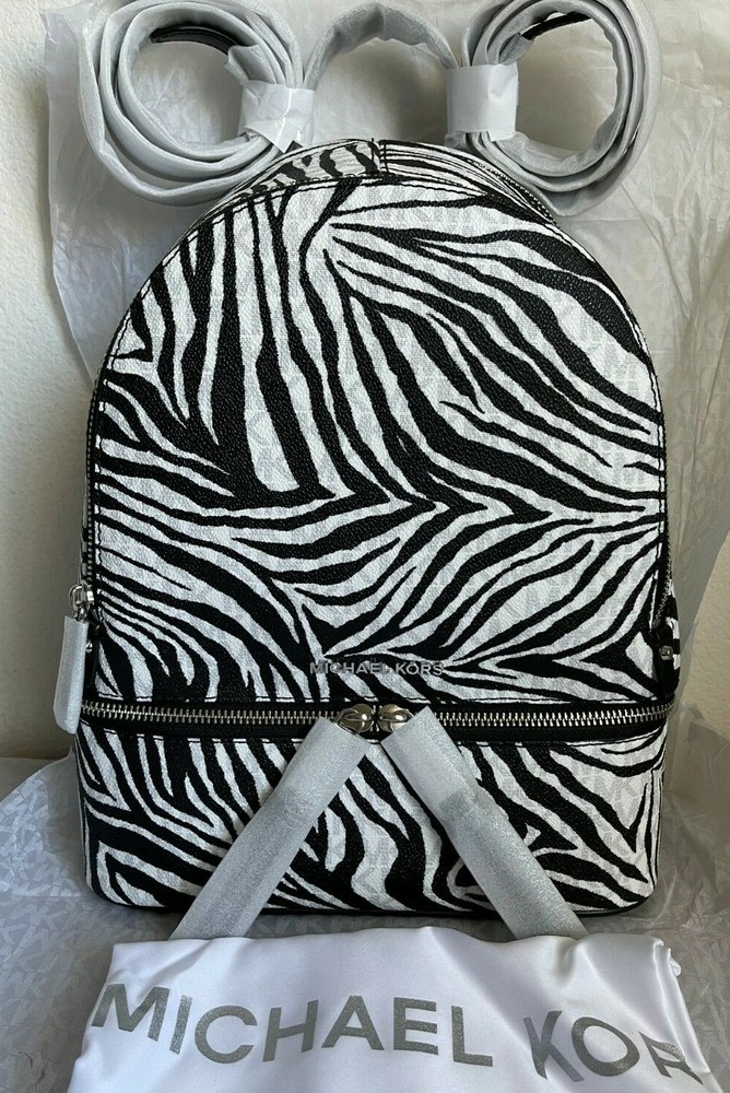 NWT Michael Kors Rhea Zip Medium Zebra Backpack $328 Black/White