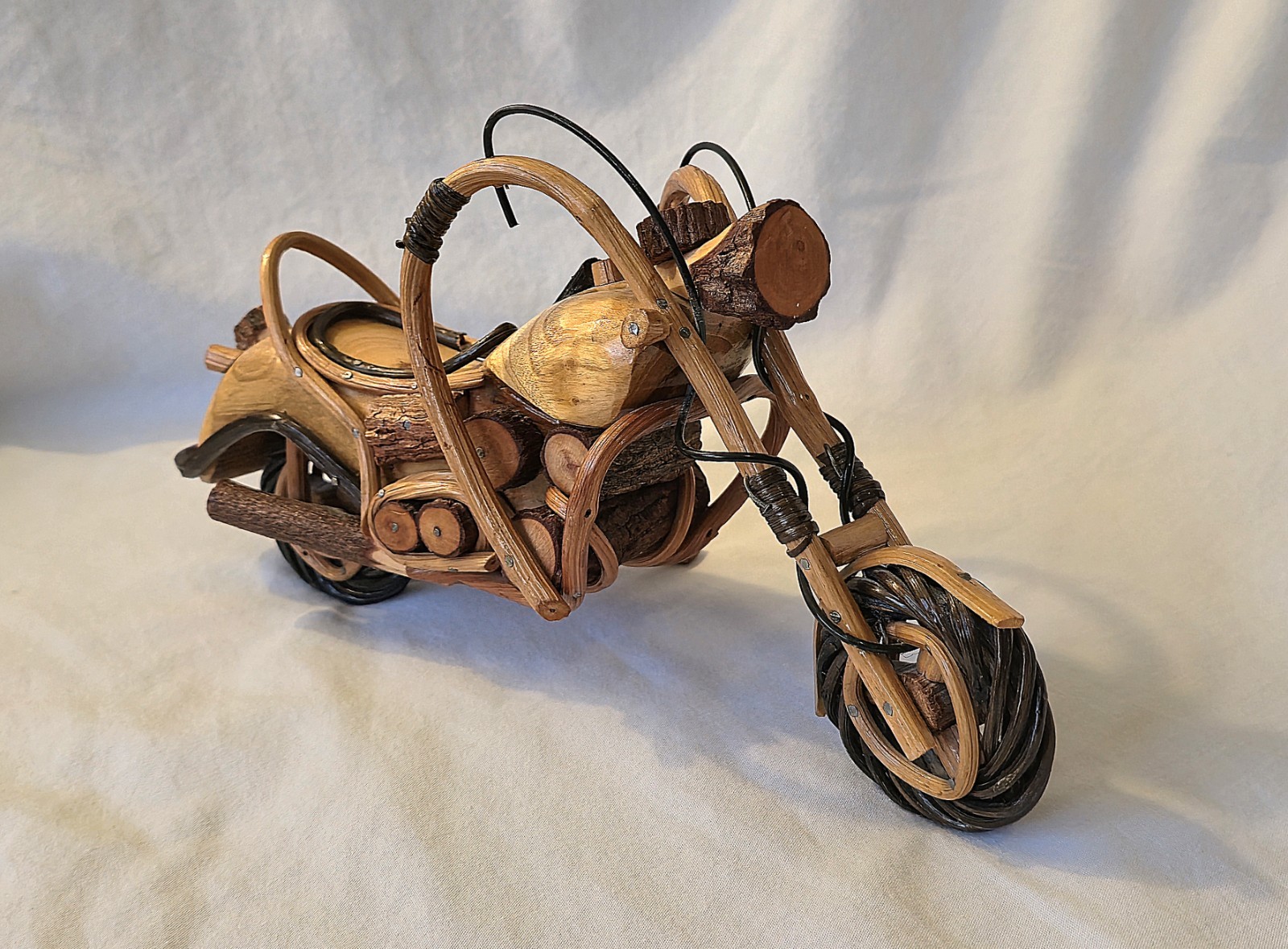 Handmade Twig Folk Art Chopper Motorcycle Sculpture Wood Rustic 12" Harley Style
