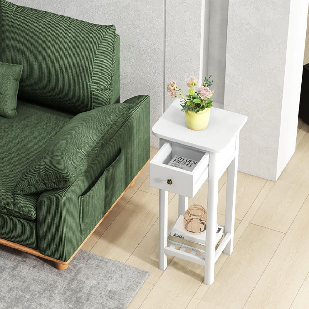 2 Tier Slim Nightstand Bedside Table with Drawer Shelf