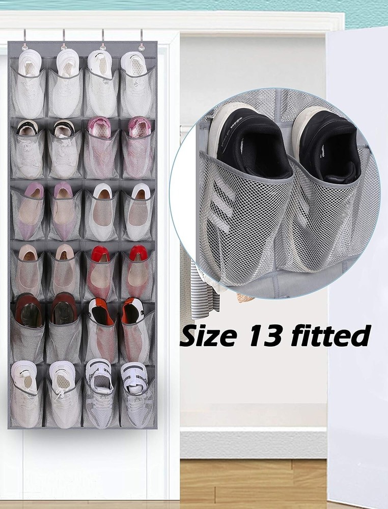 Compact Gray Shoe Rack Holder with 24 Large Mesh Pockets - Space-Saving Design