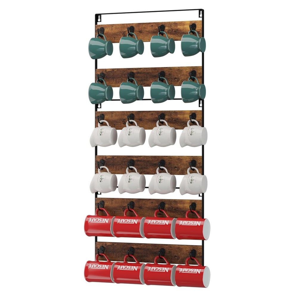 3 Set 24-Hook Wall Mounted Coffee Mug Holder Rustic Wood Rack for Kitchen