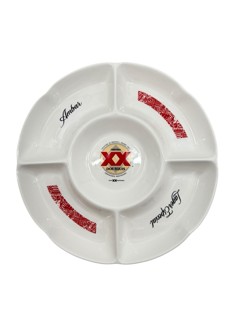 Dos Equis XX Branded Sectioned Serving Platter Heavy Ceramic White Snacks Dip