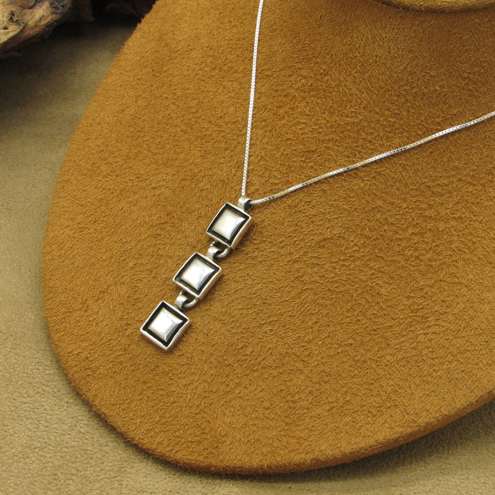 Sterling Silver Three Vertical Squares Pendant Necklace