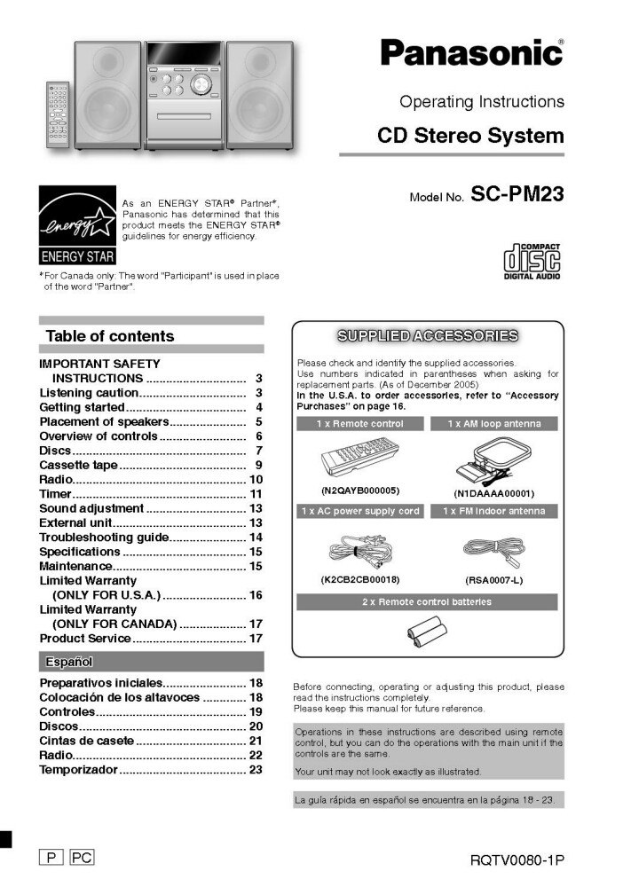 Panasonic SC-PM23 CD Stereo System Owners Instruction Manual