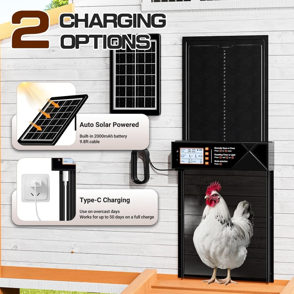 Extra Large Solar Automatic Chicken Coop Door Poultry Gate W/ Timer Light Sensor