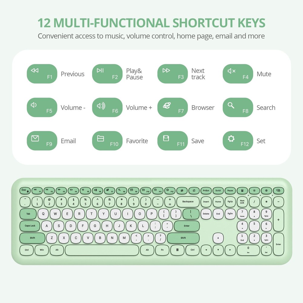 Gradient Green Wireless Keyboard and Mouse Set Retro Typewriter Full Size