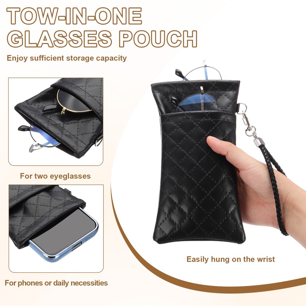 Soft Double Eyeglasses Case Pouch with Carrying Strap, Silver Tone