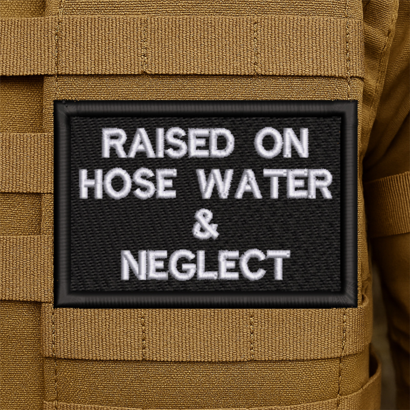 Raised on Neglect Embroidered Morale Patch - 2 Inch X 3 Inch, Hook & Loop Back
