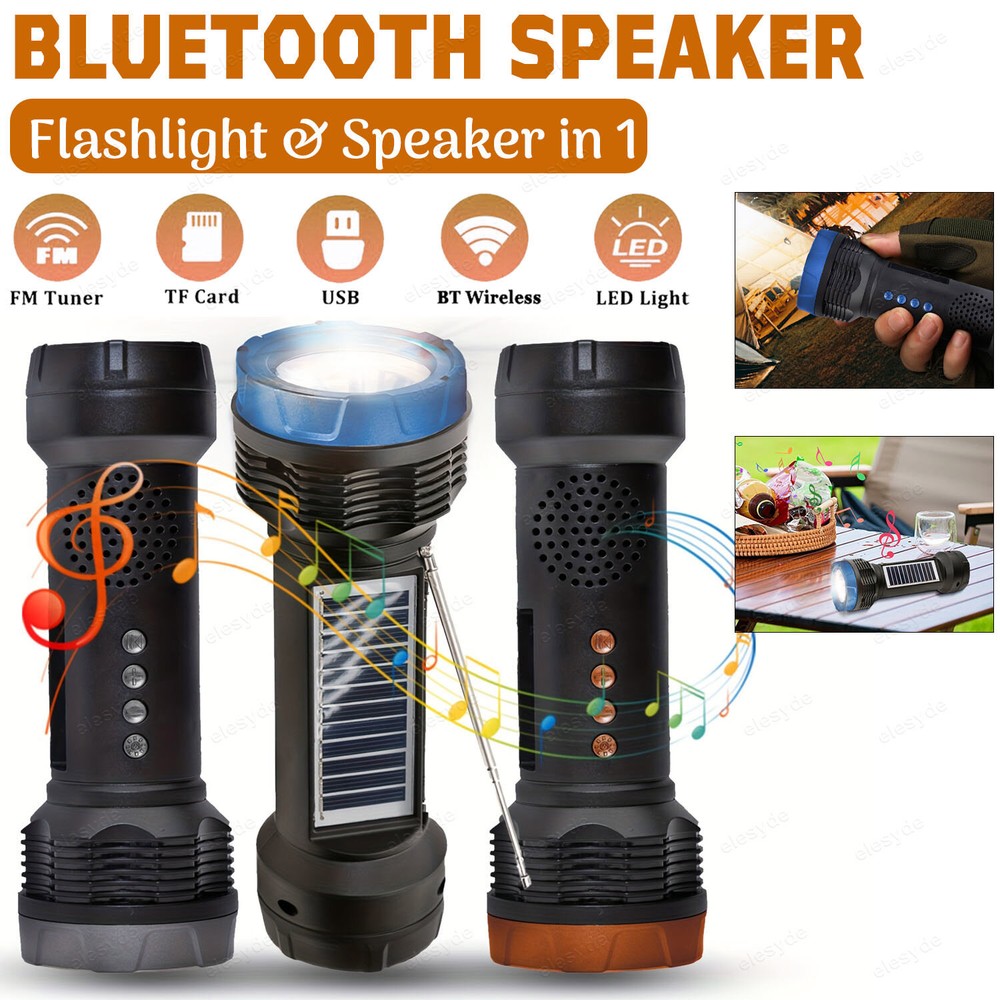 Solar-Charged 2-Function Bluetooth/FM/TF/USB Speaker with Bright LED Flashlight