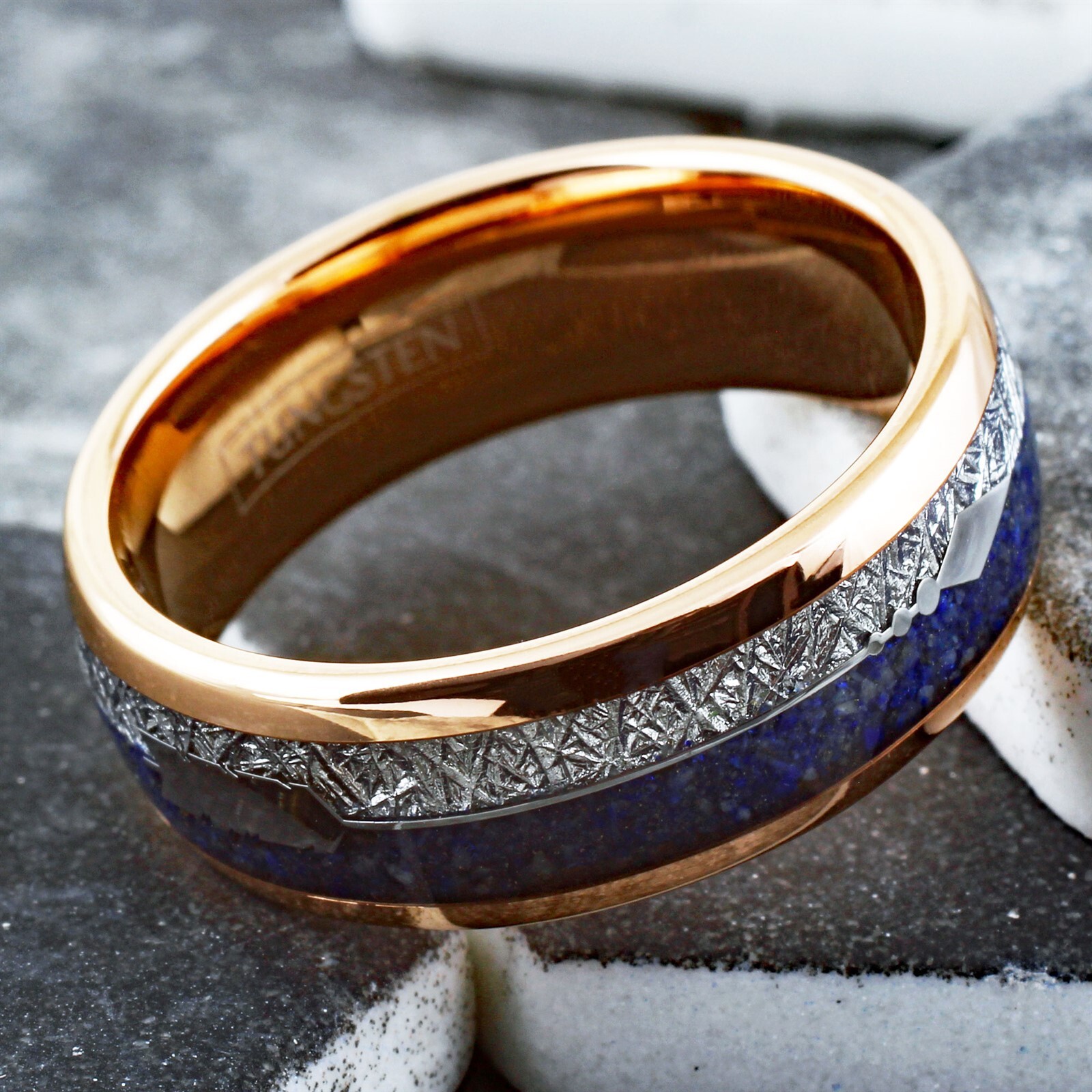 Rose Gold Plated Tungsten Carbide Meteorite & Blue Lapis Lazuli Men's Band Ring