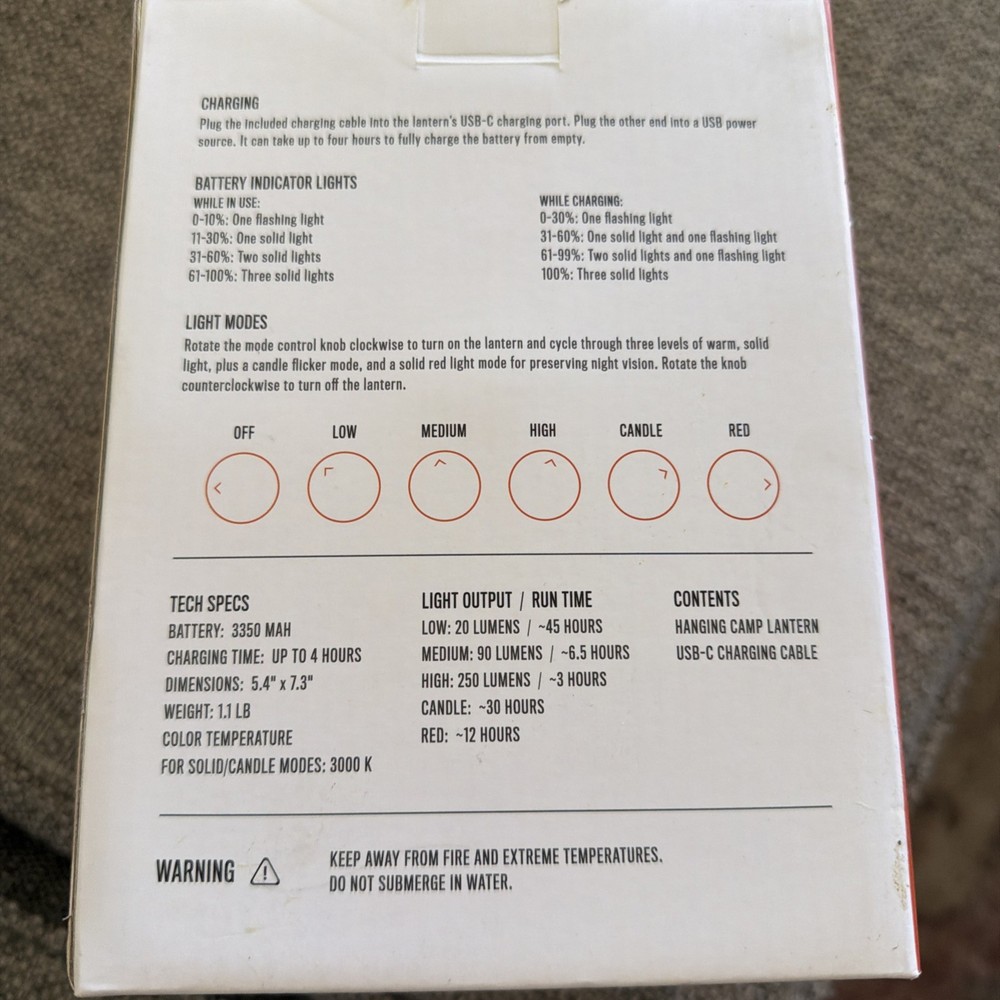 Wren Hanging Camp Lantern Rechargeable Battery