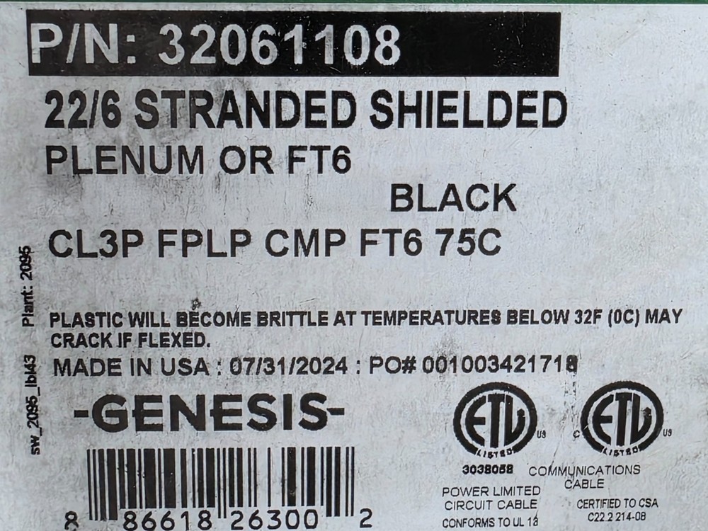 Southwire Genesis 3206 22/6C Shielded Plenum Control Cable CMP Black /50ft
