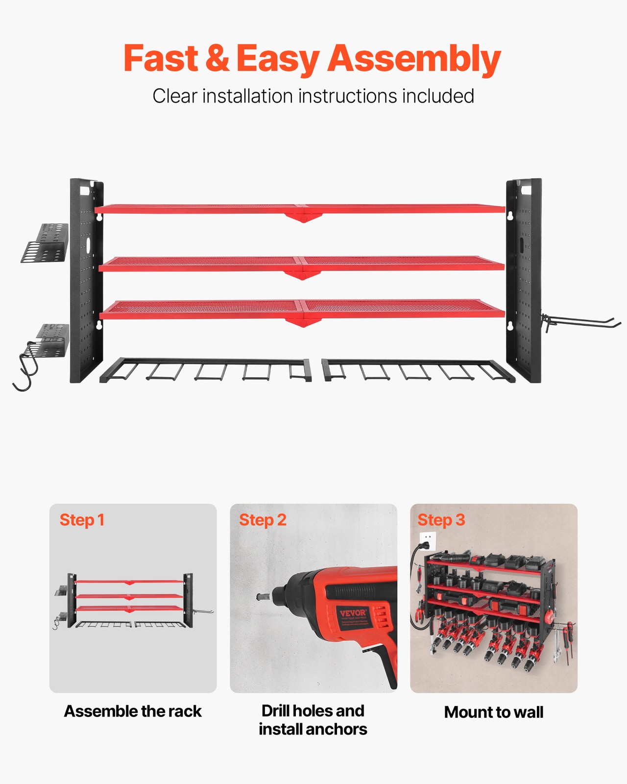 VEVOR Power Tool Organizer Wall Mount 4-Layer Drill Storage Rack 8 Drill Holders