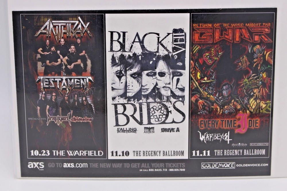ANTHRAX AND TESTAMENT, BLACK VEIL BRIDES, GWAR HANDBILL