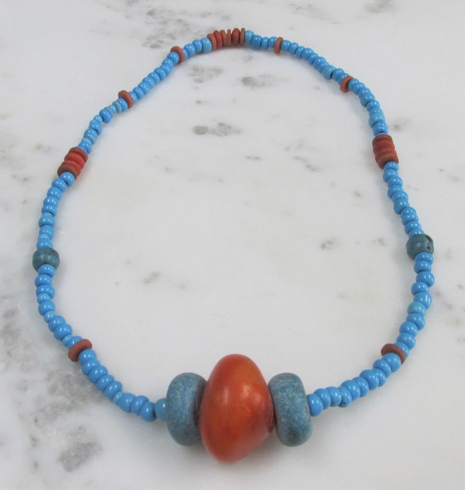 Blue & Orange Beaded Necklace ~ 23" ~ 11-E807