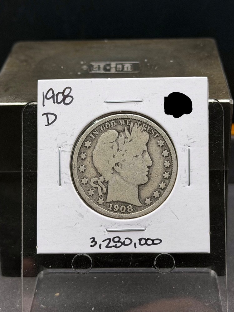 1908 D ~ Barber Half Dollar  (90% Silver) Coin