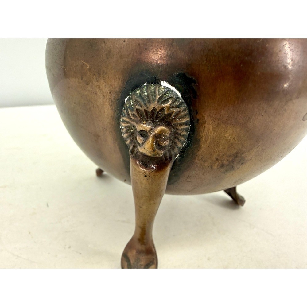 Antique Bronze Lidded Pot with Lion Head Feet Tripod Footed Bowl Ornate Finial