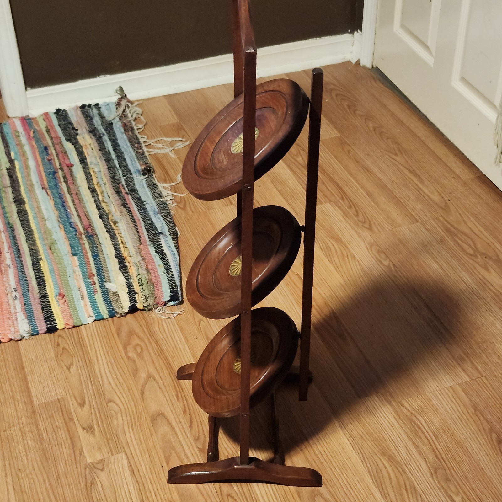 Antique Vintage Edwardian Wooden Inlaid Details Folding Cake Muffin Stand 32"