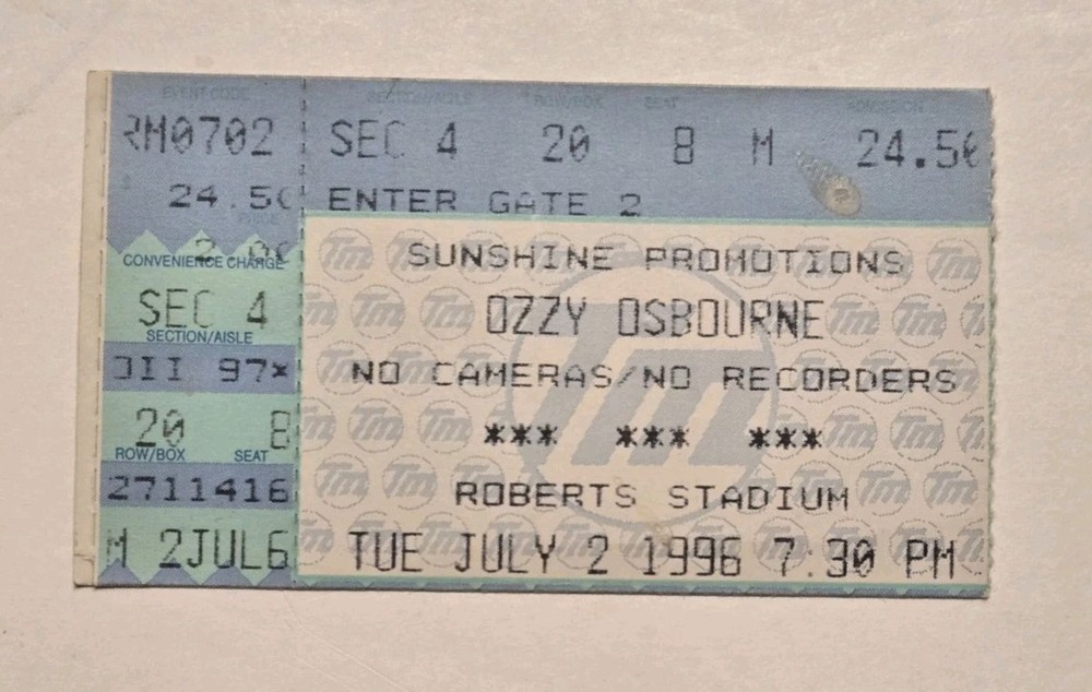 Original Vintage Ticket Stub Ozzy Osbourne July 2, 1996 Roberts Stadium