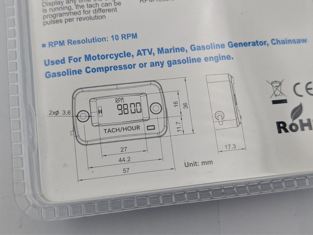 Tach Hour Meter Digital LCD Inductive Tachometer Timing Self-Powered IP68 Retail