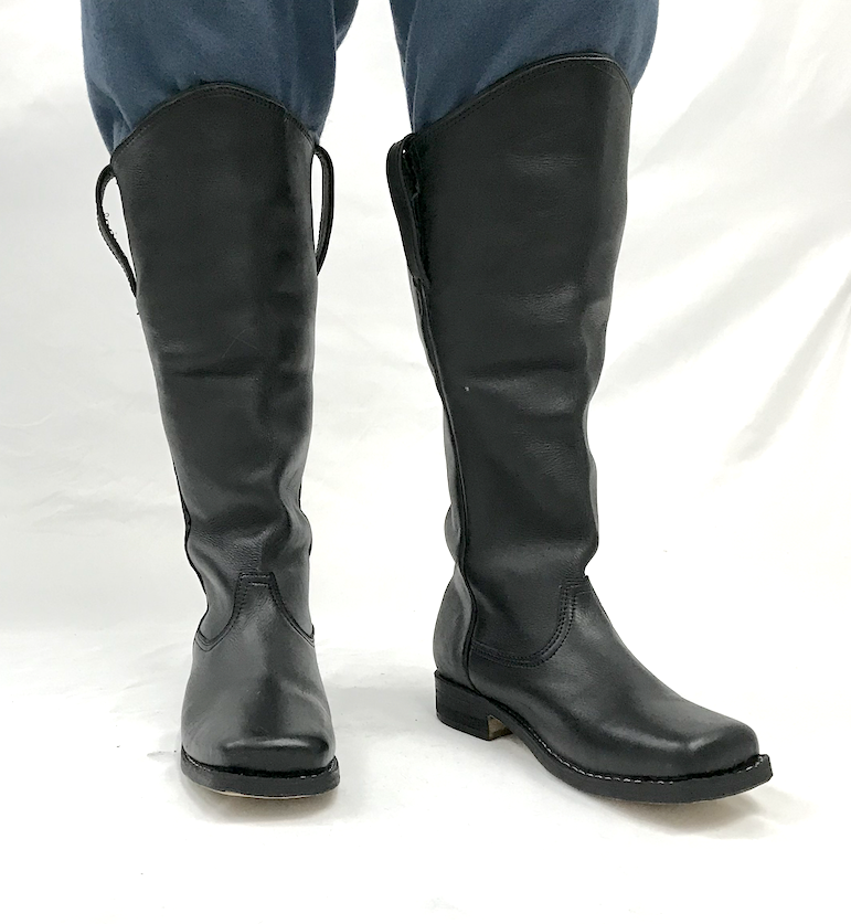 Black Leather Knee Boots with Slanted Front - Historical Reenactment - Size 8