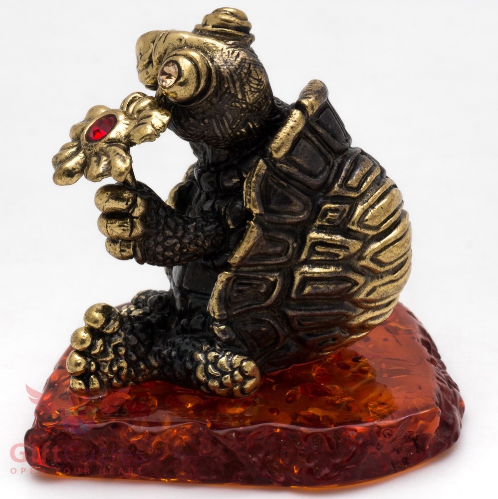 Solid Brass Amber Figurine Tortoise Turtle with a flower talisman IronWork