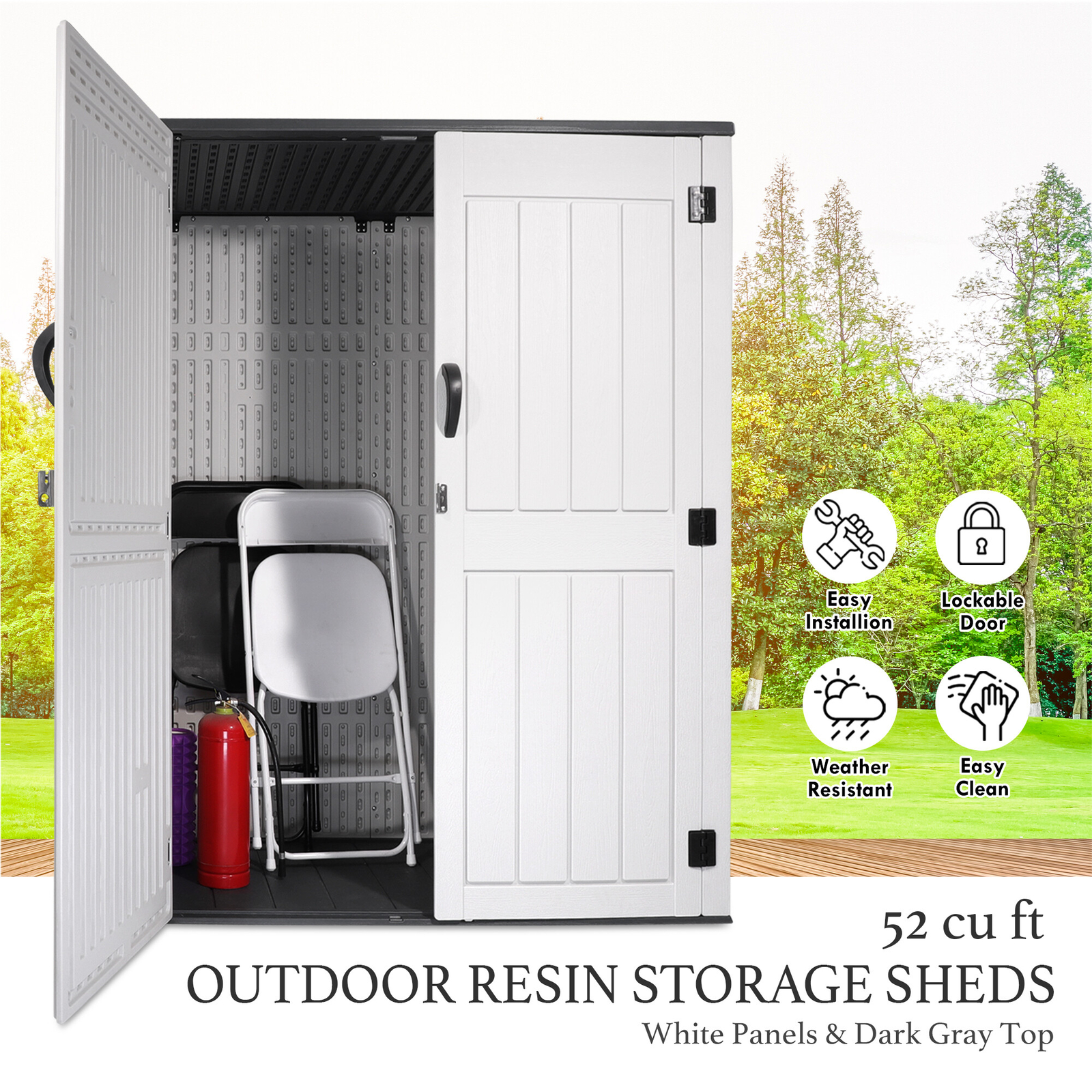 52 Cu.Ft Outdoor Storage Box Horizontal Resin Patio Garden Shed w/ Lockable Door