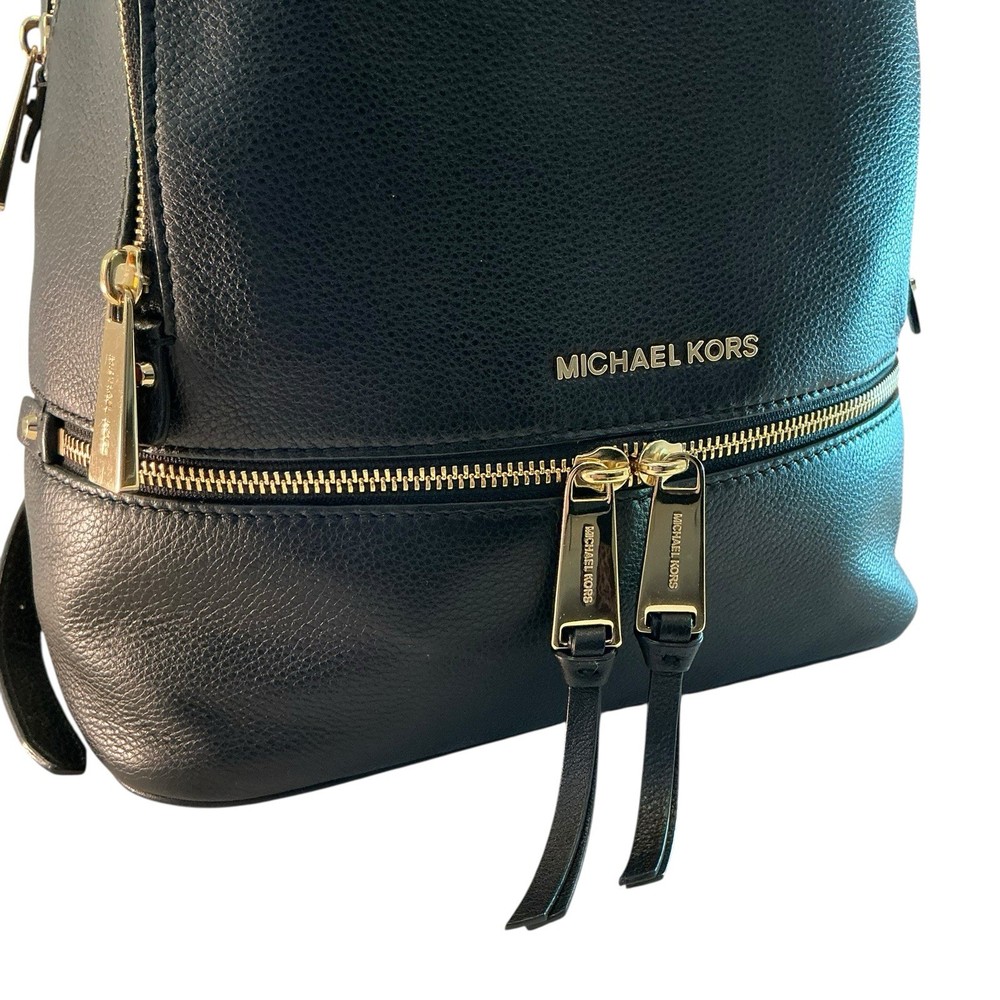 Michael Kors Bag Rhea Medium Pebbled Leather Backpack Black w/Gold Hardware