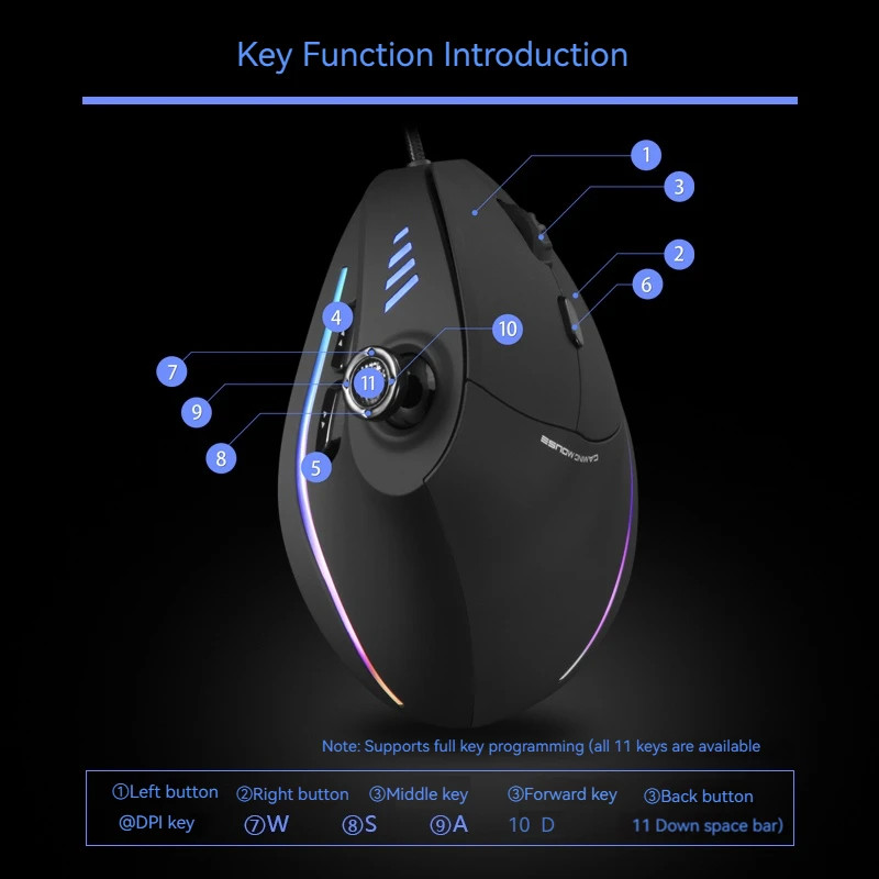 C-18 Vertical Gaming Mouse 10000 DPI Programmable 11 Buttons USB Wired RGB Optic