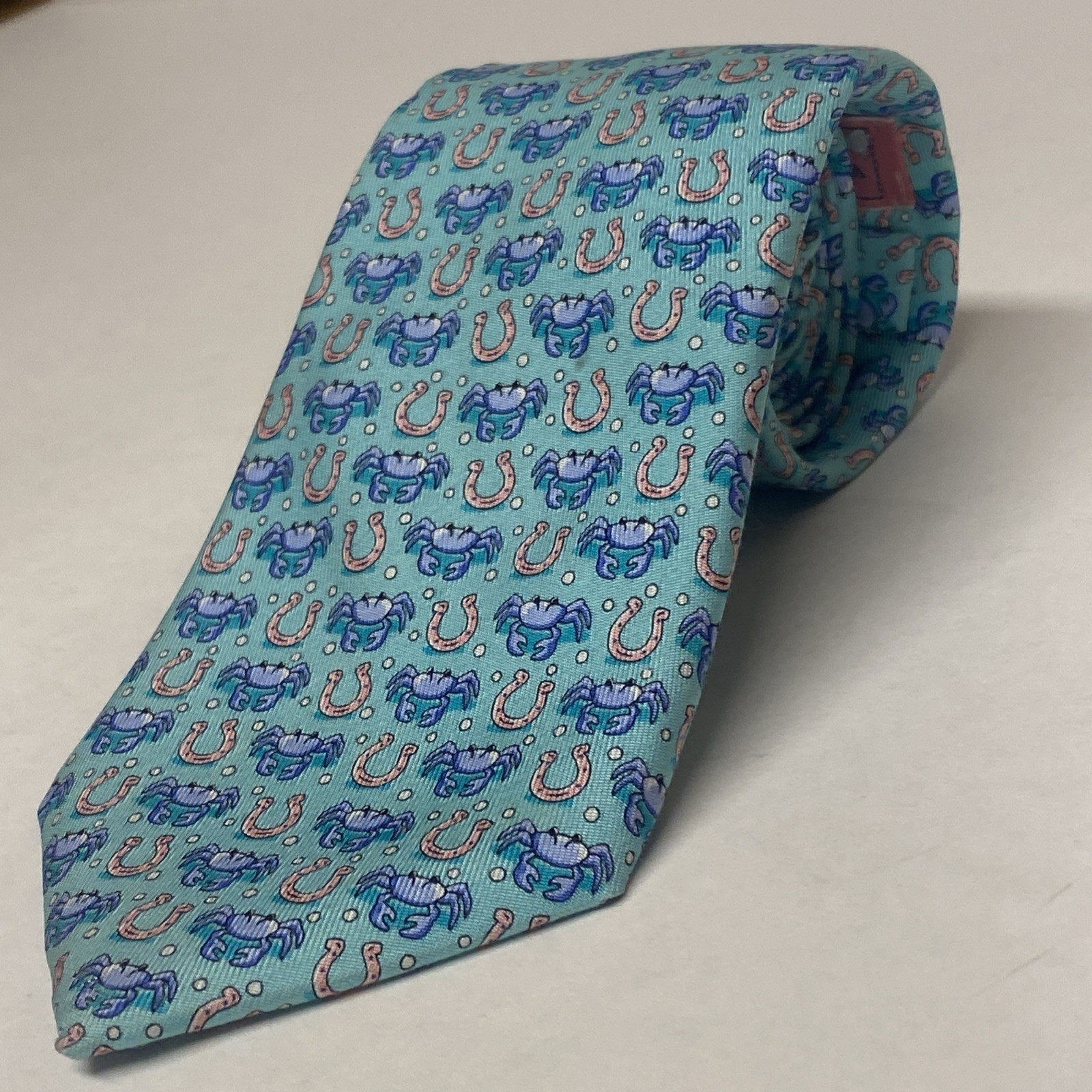 Vineyard Vines Boys Teal Blue Repp Silk Tie Lucky Horse Shoe Crabs 49.5” USA E2
