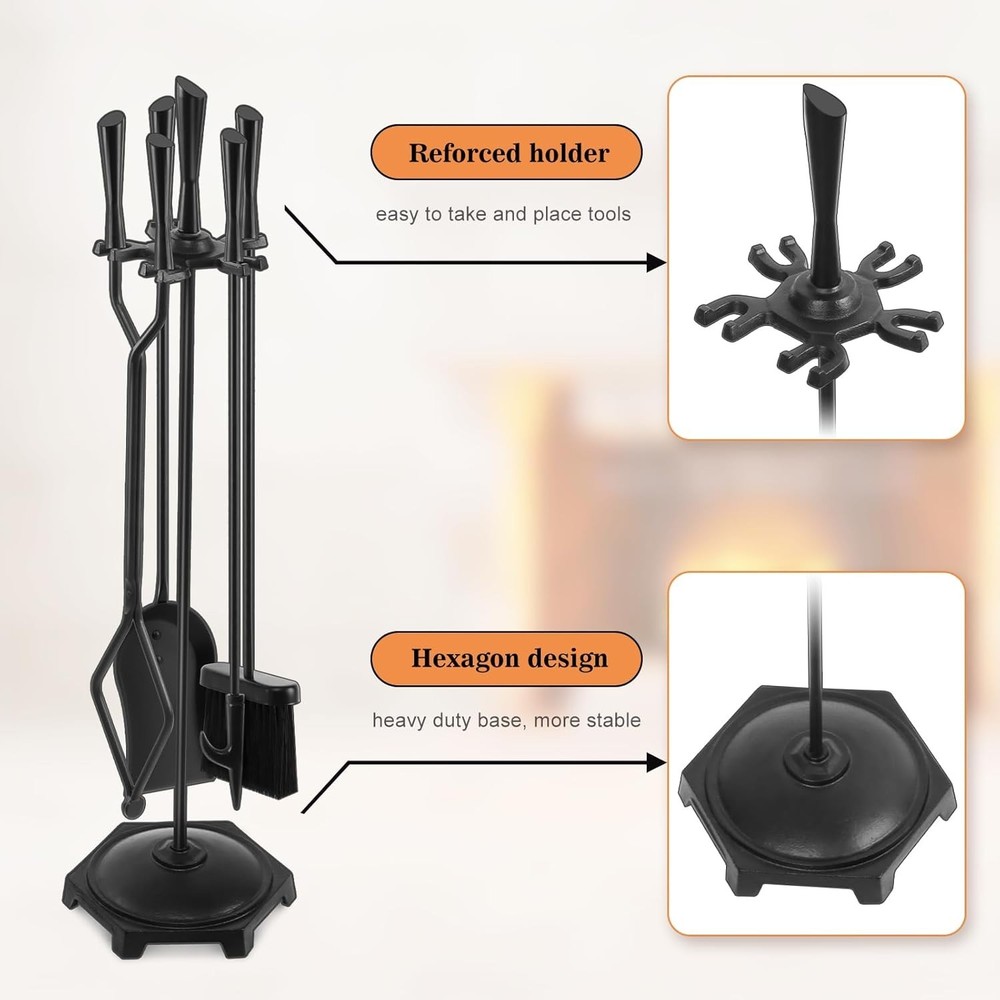 5 Pcs Fireplace Tools Set 32" Black Wrought Iron Large Fire Tool Set for Outd...