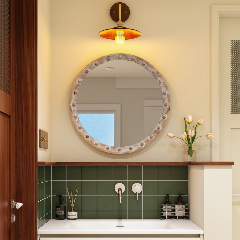 Rustic Round Wall Mirror 24" Distressed Wood Frame w/ Rivets Decor