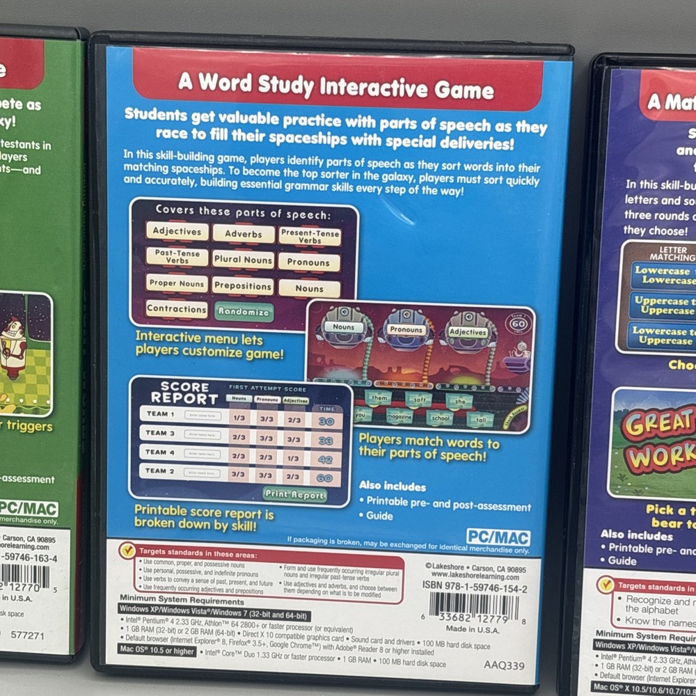 3 Lakeshore Games Grades 1-2 /Pre K - K Language Interactive CD-ROM Mac/PC