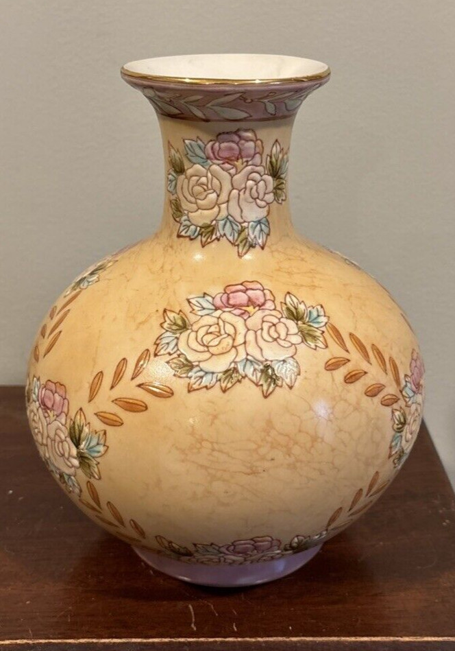 Chinese Porcelain 8" Vase Beige Pastel Embossed Flowers Leaves Pink Peach Blue.