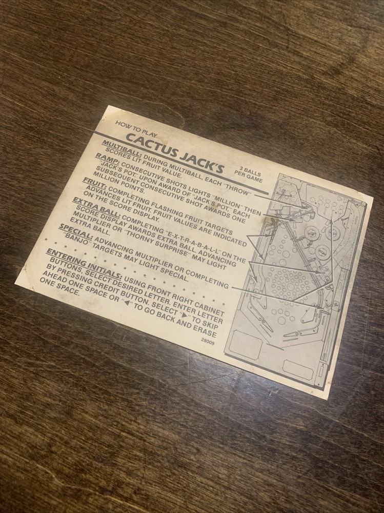 Cactus Jack’s Pinball Score Card Manual