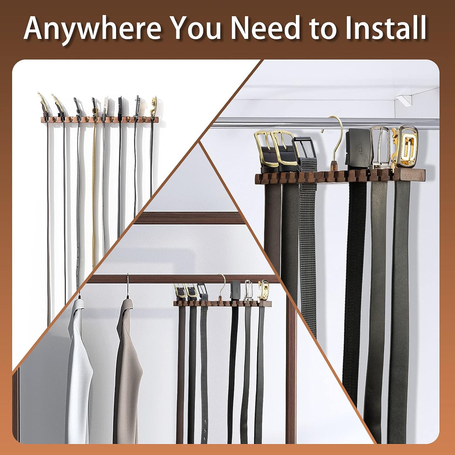 Wooden Belt Rack for Closet Wall Mount, Sturdy Belt Hanger Organizer Holds 14 Be