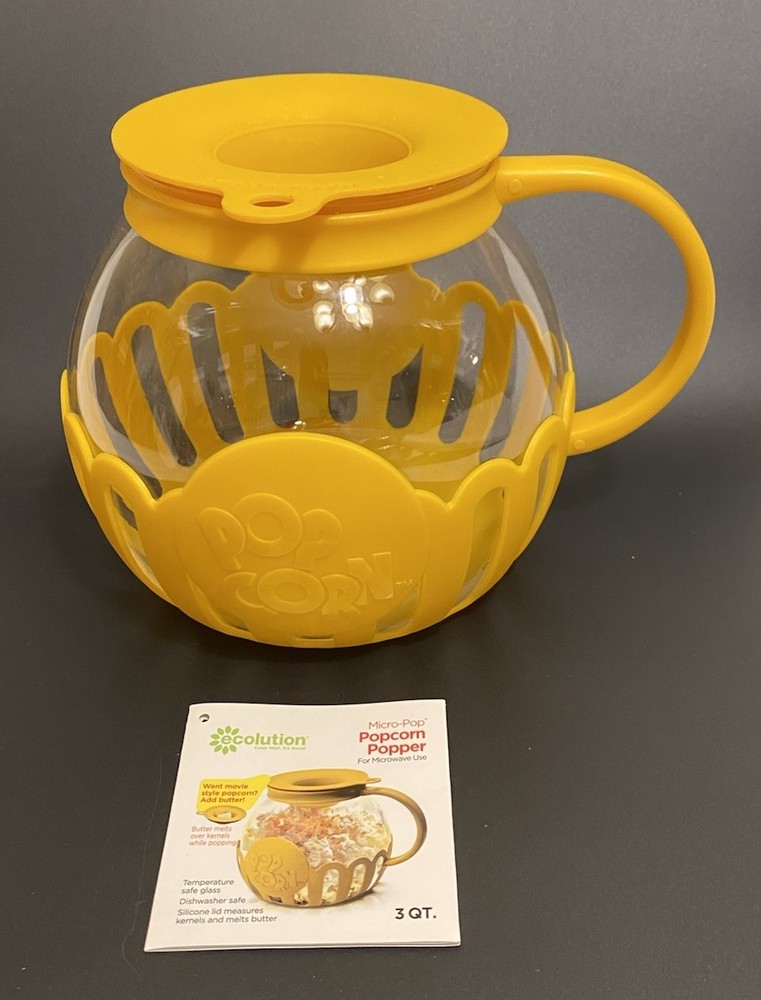Ecolution Micro-Pop 3 Quart Microwave Popcorn Popper-Yellow W/Instructions NWOB