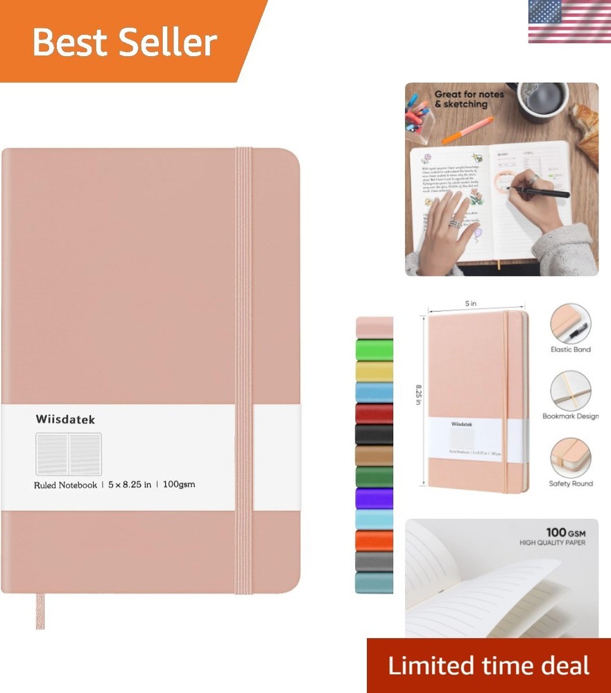 Compact Pink Lined Notebook with Elastic Closure and Inner Pocket - 128 Pages