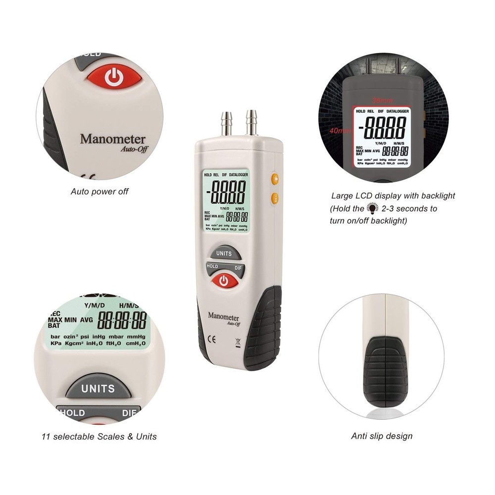 Portable Digital Manometer with Max/Min/Avg Recording for Efficient Gas Testing