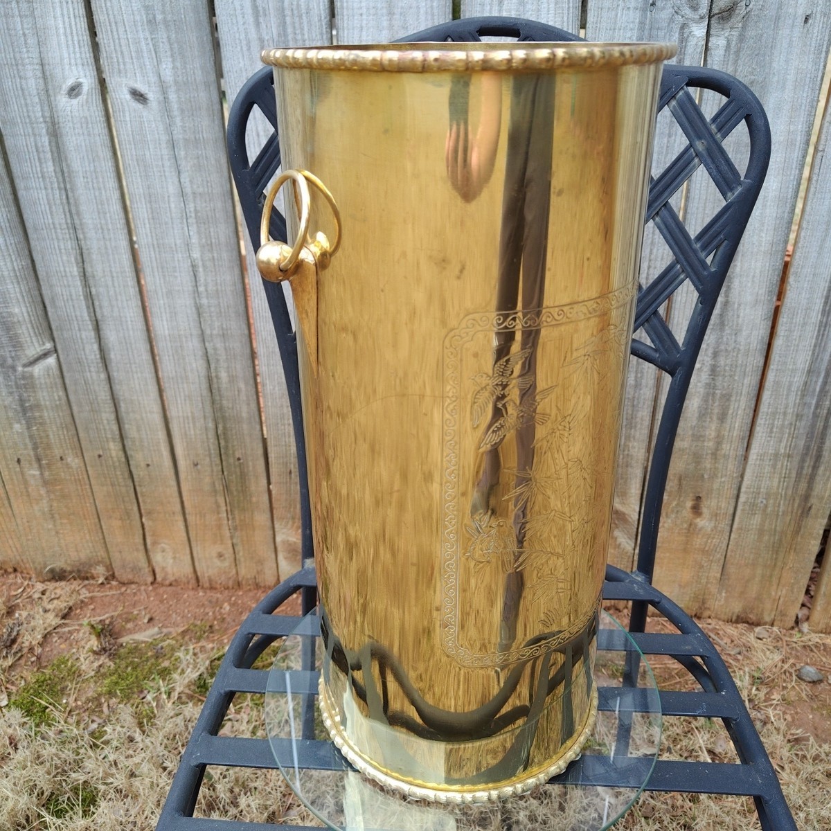 Vintage Brass Umbrella Cane Holder Stand 18" with Decorative Handles Asian Motif